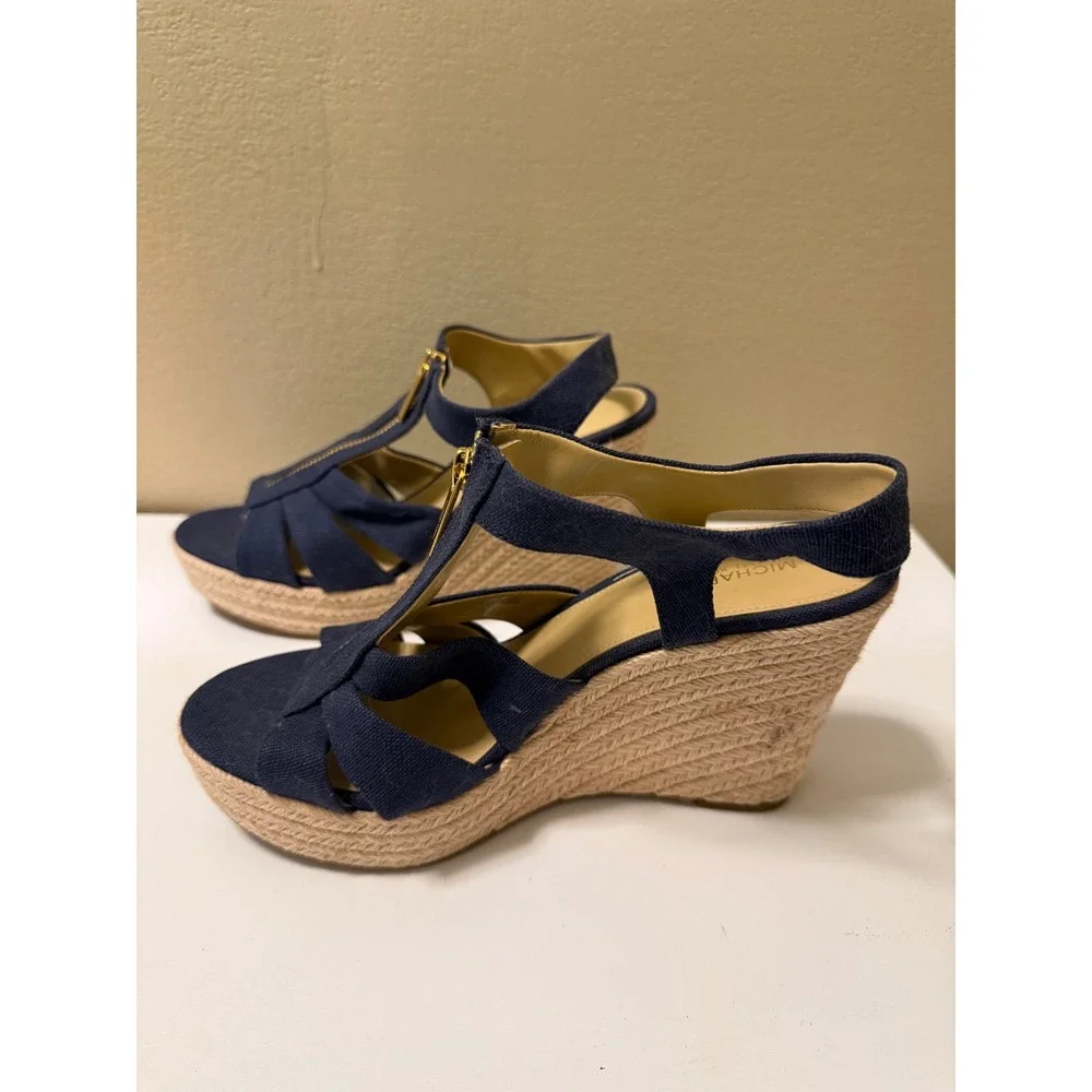 Michael Kors Navy Blue Canvas Espadrille Wedge Sandals Gold Zip Front 8.5M PW21K